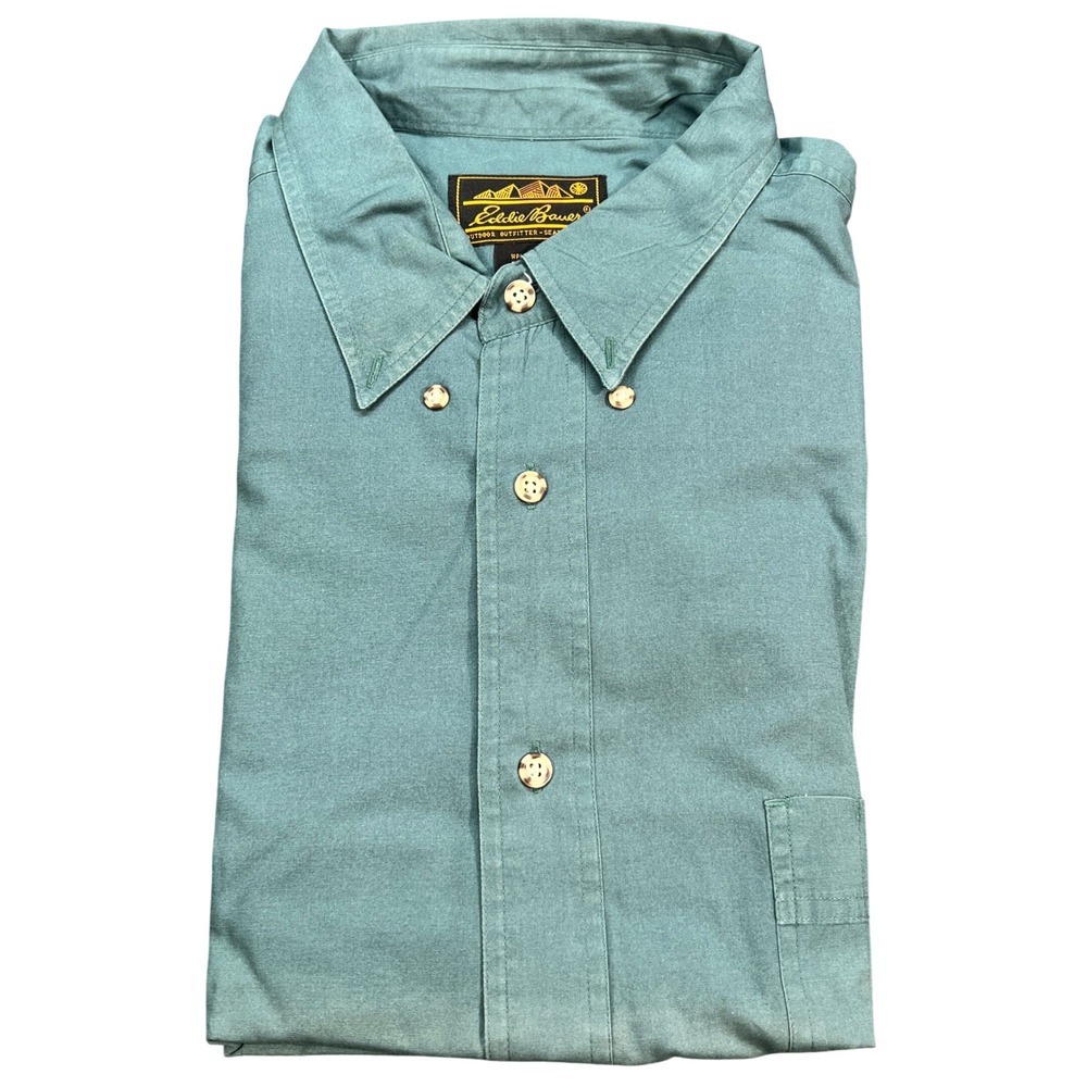 Vtg Eddie Bauer Shirt Button Down Solid Teal 90s XL Long Sleeve Cotton Extra Lrg